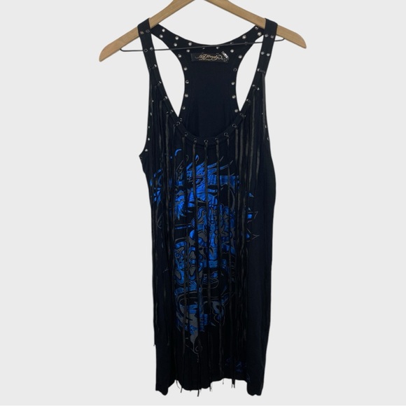 Vintage Y2K Ed Hardy Fringe Blue Metallic Dragon Stretchy Mini Dress Size Large - mordernwear.com Vintage Y2K Ed Hardy Fringe Blue Metallic Dragon Stretchy Mini Dress Size Large - mordernwear.com